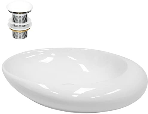 ECD Germany Lavabo Cerámico Blanco Ovalado 585x375x145mm para Baño con Agujero de Conexión Estandar Lavamanos sobre Encimera Diseño Asimétrico Moderno Fregadero con Juego de Desagüe Pila con Drenaje