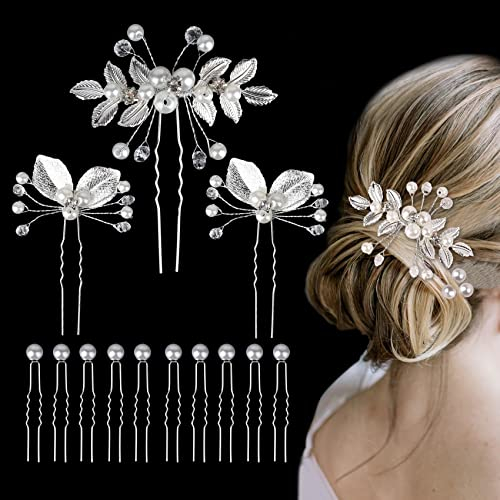 13 Stücke Braut Haarschmuck Hochzeit Silber, Perlen Haarnadeln Hochzeit Blumen Haarspangen U-förmig Haarkamm mit Kristall Strass für MäDchen Braut Brautjungfer