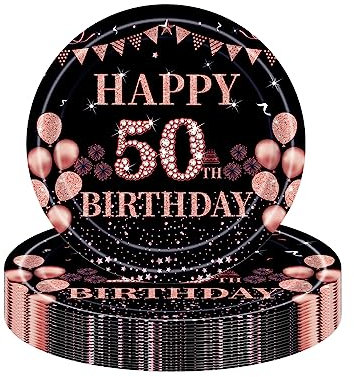 COSORO 16Pcs Black Rose Gold 50th Birthday Paper Plates 9inches,Birthday Tableware Party Plate Disposable,Happy 50th Birthday Table Decorations Plates Birthday Gifts for Women,Her 50th Birthday Décor