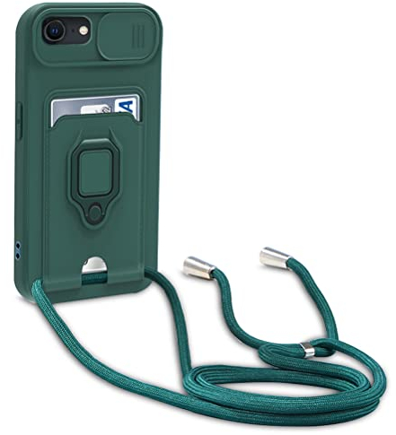 Dllatui Handyhülle Kompatibel mit iPhone 8/7/6/6s/SE 2020 Halsband Lanyard Silikonhülle,mit Kamera Schutz Schieber,Drehbarer Ständer mit Kartenfach Necklace Hülle (Grün)