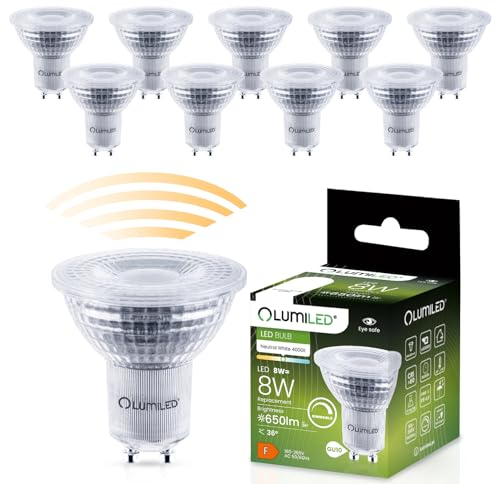Lumiled LED GU10 Lampe 8W 650lm Neutralweiß 4000K dimmbar ersetzt 80W Halogen CRI>80 Reflektor Spot 36° Abstrahlwinkel 10er Pack Energiespar Leuchtmittel 230V für Wohnzimmer Küche Büro Hotel