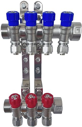 AQUA HEATING Wasserverteiler Set Verteiler Warmwasser Kaltwasser Trinkwasser Heizung Industrie Wasseranschluss Messing Vernickelt 1 Zoll 16x2 mm PEX 4 Wege Blau 3 Wege Rot