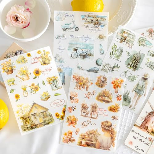 Rub On Stickers 12 Sheets Floral Scrapbook Stickers Set, Travel Transfer Scrapbooking Accessories for Scrapbooking, Bullet Journaling, Photo Albums, Packaging Ideas Decoration(Life)