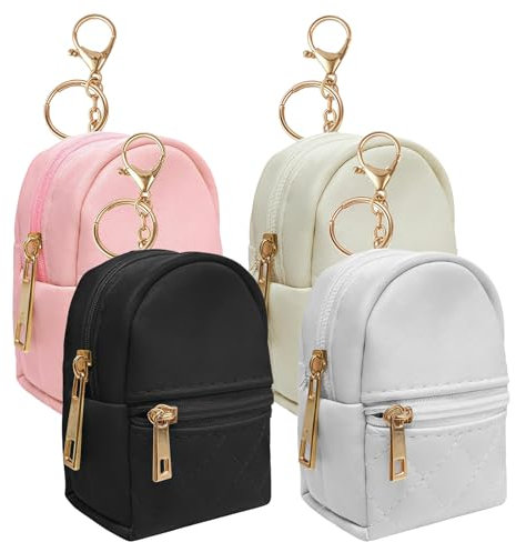 Lot de 4 porte-clés sac à dos : petite trousse de maquillage, mini sac à dos, sac de maquillage avec fermeture éclair, sac à monnaie en cuir PU, sac à main, pour rouge à lèvres, parfum, cartes, clés