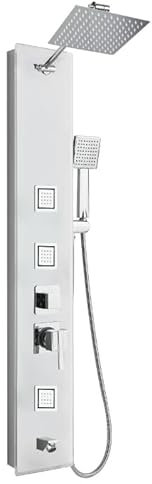 ROVOGO Gehärtetem Glas Duschpaneel mit Armatur, Duschsäule mit 20cm Edelstahl Regendusche Duschkopf und Höhenverstellbar Duscharm, Messing Wanneneinlauf, Massagedüsen, Handbrause, Gebürstete Edelstahl