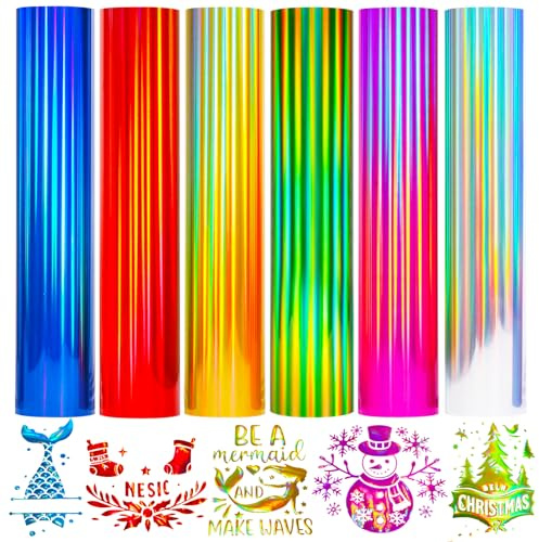 Holographic Heat Transfer Vinyl 6 Sheets 10 x 12 inch Iron On Vinyl for T-Shirts DIY Design, Silhouette Cameo & Heat Press Machine