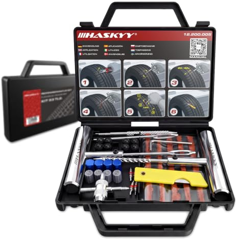 HASKYY Kit Riparazione Pneumatici 53 Pezzi Tubeless – Set Completo con 25 Strisce Gomma, Attrezzo Valvola 4-in-1, Cappucci, Dadi Antifurto, Manico a T, Ago e Cutter – Auto Moto ATV SUV