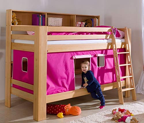 Froschkönig24 Etagenbett JAN Kinderbett Spielbett Bett mit Bücherregal Buche Pink/Rosa, Matratzen Oben/unten:ohne