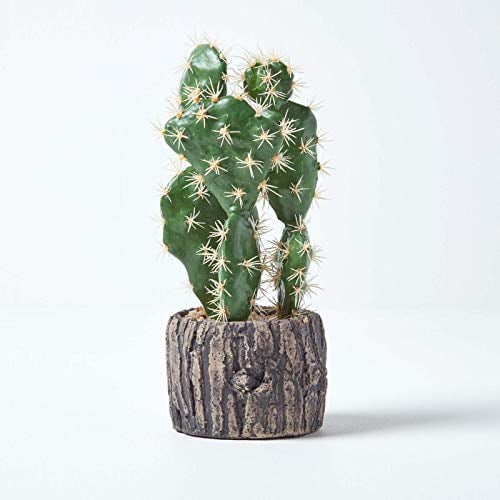 Homescapes Künstlicher Kaktus Opuntie im Keramik Topf in Holz-Optik, kleine künstliche sukkulente Pflanze ca. 26 cm hoch, rustikale Dekoration für Tisch, Büro oder Fensterbank
