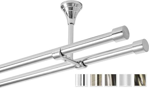 Rollmayer glänzend metall Gardinenstange Ø 16mm Rohr, Edelstahl für Ösenvorhang, Gardinen (Crux 400cm lang, Edelstahl, Deckenbefestigung 2-läufig) modern Vorhangstange Ohne Ringe!