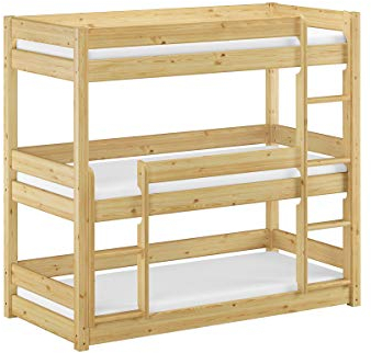 Erst-Holz Dreier-Etagenbett für Erwachsene Stockbett für drei Personen 90x200 Kiefer Massivholz V-60.03-09, Ausstattung:Rollrost und Matratze inkl.