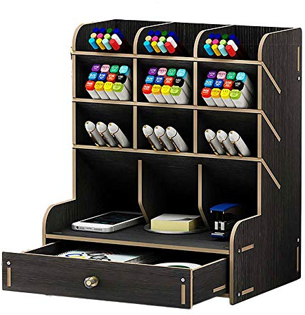 Pot à crayons en bois multifonction - Organiseur de bureau pour papeterie - Grande capacité - Noir