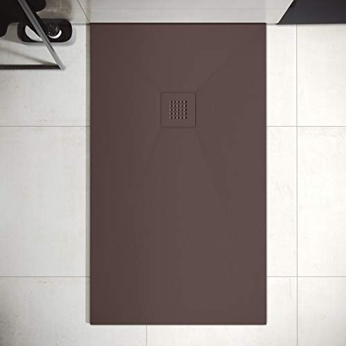 Plato de Ducha de Resina Mineral - Textura Pizarra,Antideslizante y Antibacteriano - Acabado Mate - Incluye Sifón y Rejilla (80x160 cm, Chocolate)