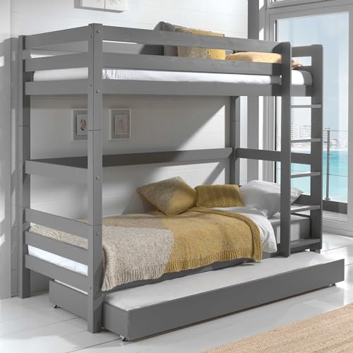 Vipack Etagen-Hochbett Pino 160 cm Höhe inkl. Bettschublade Kiefer massiv grau lackiert