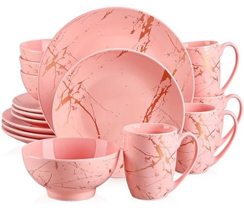 LOVECASA, Série Daphne, 16pcs Service de Table Complet Moderne en Porcelaine pour 4 Personnes 4 Assiette À Dessert,4 Assiette À Dîner,4 Tasse,4 Bol à Motif Plaqué Or