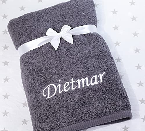 Handtuch mit Namen Bestickt Duchtuch Geschenk Badetuch 500 g/m2 (Dunkelgrau, 70 x 140 cm)