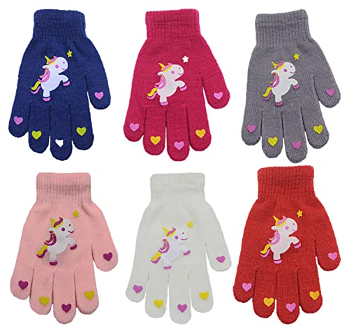 Kinder Winterhandschuhe Fingerhandschuhe Gestrickte Vollfinger Warme Handschuhe für Mädchen Jungen, 4-9 Jahre Alt, Bunte Einhorn Radhandschuhe 6 Paare
