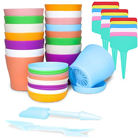 Set di 36 vasi per piante in plastica colorati, 16 piccoli vasi da fiori per interni con 18 etichette per piante e 2 mini strumenti di trapianto, vasi per vivai rotondi spessi per piante da giardino