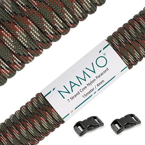 Namvo 550 Paracord 7 Strand Parachute Cord, Mil Spec Type III 15 mètres Tente Guide Corde Survie Parachute Longe Cordon pour Camping en Plein Air Artisanat Porte-clés Vert Olive Camo