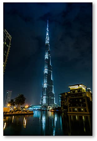 Postereck - 2517 - Burj Khalifa, Wolkenkratzer Dubai Gebäude Nacht - Wandposter Fotoposter Bilder Wandbild Wandbilder - Leinwand - 60,0 cm x 40,0 cm