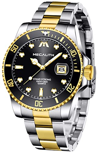 MEGALITH Uhren Herren 40mm Gold Armbanduhr Herren Edelstahl Klassisch Wasserdicht Herrenuhr Datum Leuchtend Analog Quarzuhr, Geschenk fur Männer
