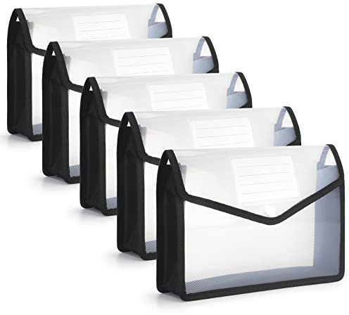 FYY Dokumententasche A5,5 Stück Dokumentenmappe A5 Sammelmappen mit Druckknopf Kunststoff Umschlag Mappe Wasserdicht Sichttasche Dokumenten mit Karte für Reise Büro Dokument Schule,A5 klar + Schwarz