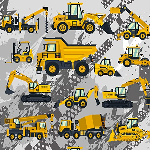 Loussiesd Baustoff von der Werft,Karikatur Ausrüstung LKW Polsterstoff für Stühle,Baustellen Bagger Traktoren,dekorativer wasserdichter Outdoor Stoff,92x160cm,Gelbgrau