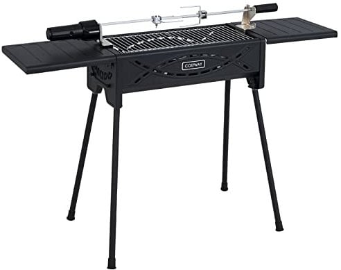 COSTWAY Barbecue Portatile a Carbone, Griglia a Carbone per Esterni con Forchettone Elettrico per Arrostire, Gambe e Vassoi Laterali Rimovibili, per Barbecue, Campeggio e Feste, Adatto per 6-8 Persone