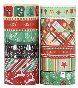 LGEGE 12 Rollen Weihnachts Washi Tape Set, 15 mm breit, Schneeflocke, Elch, Stern, Schneemann, gestreiftes Muster,Gold- und Silberfolie,japanisches Abdeckband,Dekor für Sammelalben,Bullet Journal(5 m)