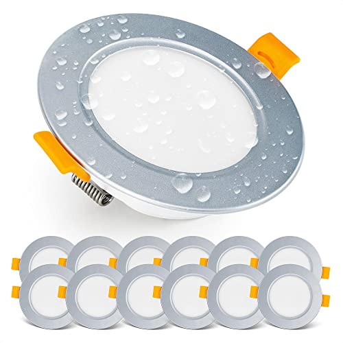 EMOS Exclusive Einbaustrahler LED Spots 230V, 5W, 500lm, 3000K warmweiß | Set mit 12 Downlight LED Spots Badezimmer etc., wasserdicht IP54 | LED Einbaustrahler 230V, rund Ø 95mm, ultra flach, silber