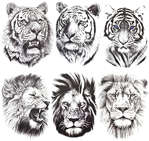 AIYONG 6 Blätter 3D Realistischer Tiger Löwe Temporäre Tattoos, Frauen Männer Wasserdicht Schmerzlos Fake Tattoo Aufkleber für Karosseri, Körperkunst Große Tätowierungsaufkleber Tiere Musterkits