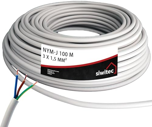 siwitec NYM-Kabel, NYM-J 3x1,5 mm², 100 m, Stromkabel, Mantelleitung, Installationskabel, Kabelring
