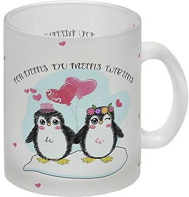 Pinguin Pärchen Glas Tasse mit Spruch Ich deins Du meins Wir eins Für verliebte Paare zum Valentinstag Pinguin Pärchen Tasse Liebe Kaffeetasse Love bunt
