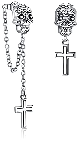 Bellitia Jewelry 925 Sterling Silber Mode Asymmetrische Totenkopf Schädel Ohrringe mit Kreuz Anhänger Tropfenohrringe für Damen Mädchen