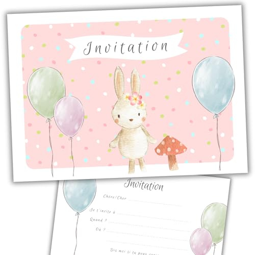 Naïris bijoux Lot de 8 cartes d'invitations anniversaire enfant - Fille- Animaux - Lapin en aquarelle sur fond rose