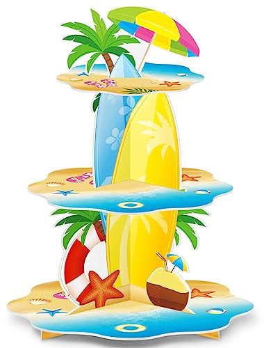 BenLouis 3Tier Hawaiian Cupcake Stand Birthday Party Decorations | Beach cupcake toppers, summer luau cupcake holder, pool baby shower dessert tower table decoration supplies