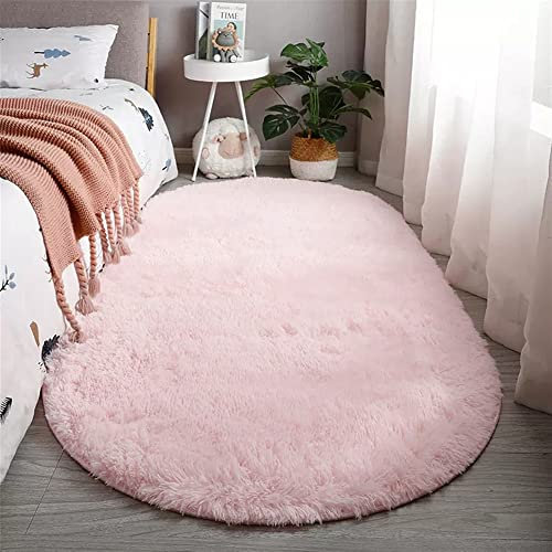 Reyox Teppich Oval Hochflor Shaggy rutschfest Pflegeleicht, Flauschig Weich Langflor Teppich für Wohnzimmer Schlafzimmer Bettvorleger Rosa 80 x 200 cm