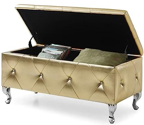 BAKAJI Aufbewahrungsbox Pouf Fußstütze, Schlafzimmer, Bank, Hocker, Gestell aus Holz, Bezug aus Kunstleder, gesteppt mit Kristallen, Beine aus Metall, modernes Design (Gold)