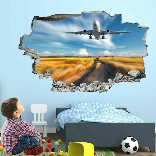 Wandaufkleber, Wandaufkleber, Flugzeug-Wandtattoo 3D zertrümmert, Horizont-Wand-Vinyl für Zuhause, Kunst-Dekor, Decke, Wanddekoration, Kinderzimmer, Raumdekoration