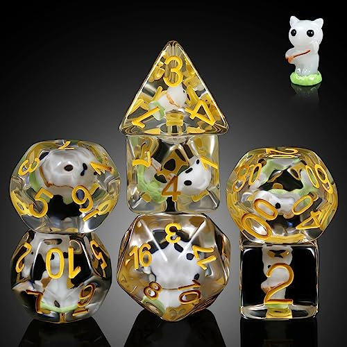 White Cat Gaming Dice Set D&D, DNDND 7PCS Resin DND Dice with Velvet Bag for Dungeons and Dragons Role Playing Games and Tabletop Games(White Cat)