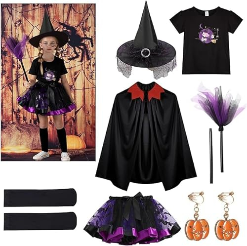 Menwings Disfraz de Bruja de Halloween para Niños con Camiseta, Sombrero Mágico, Faldas, Escoba Mágica, Calcetines, Pendientes, para Halloween, Mardi Gras, Mascarada, Cosplay, Morado (L (120-125 cm))