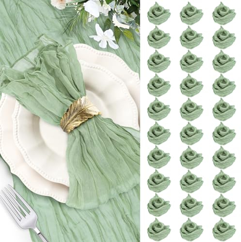 Vusddy 30er Pack Musselin Servietten Gaze Stoff 50 x 50 cm, Grüne Boho Falten Stoffservietten, Rustikale Dekorative Tischservietten für Hochzeit, Partys, Weihnachten, Geburtstag, Abendessen