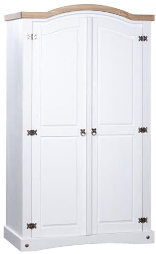 vidaXL 2-Door Wardrobe in Rustic Mexican Corona Style, Solid Pinewood Closet with a Brown Top, White Finish and 1 Shelf for Bedroom
