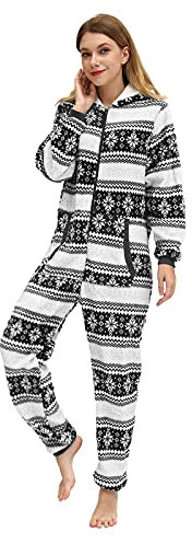 MJGkhiy Pigiama Donna Invernale Intero Curvy con Cappuccio Pigiamone Intero in Pile Overall Onesie Jumpsuit con Cerniera Morbido Peluche Indumenti da Notte Sleepwear per Tutte Homewear