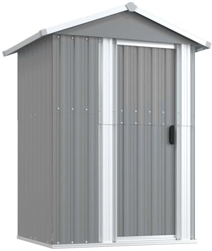 Metall Gerätehaus, Schiebetür & Fundamentrahmen, klein Geräteschuppen Garten Schrank Metall Schuppen Gartenhaus Stahl Geräteschrank, Grau 126x97,5x177 cm Verzinkter Stahl