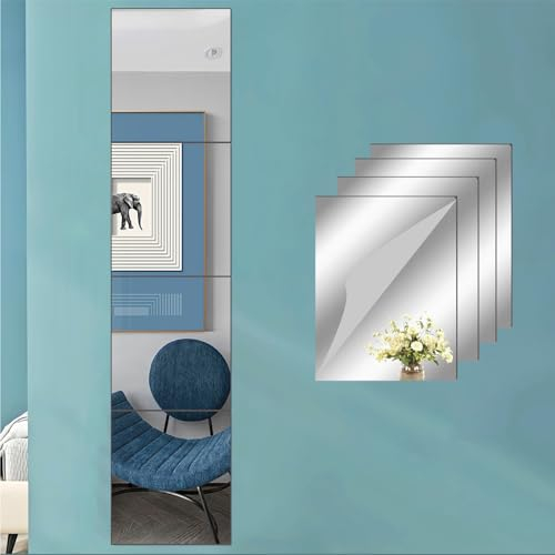 Bosdontek Spiegelfliesen Selbstklebend, 4 Stück Acryl Spiegel Ohne Glas, Flexible Spiegelfolie Selbstklebende Klebespiegel für Die Wand, Spiegel zum Aufkleben Wandspiegel für Haus Dekor (30cm x 20cm)