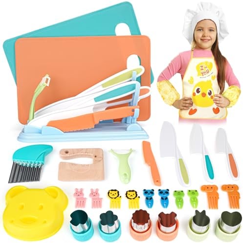 Dreamon Kids Knife Set for Chopping, Mini Chef Knife Set for Kids Kitchen Safety Knives Cooking Set with Knife Holder Birthday for 3 4 5 Years Toddlers Boys Girls