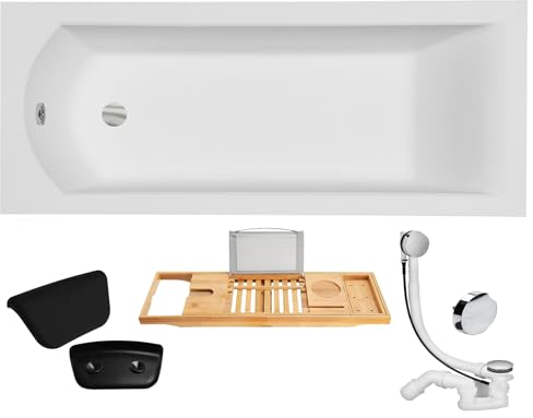 KOLMAN Badewanne SHEA Rechteck 180x80 ohne Verkleidung + Kopfstütze + Bambus Ablage, Ablaufgarnitur und Füßen Komplettset 5in1 Kompatibel mit Ablaufgarnitur Original Acryl Wanne Siphon