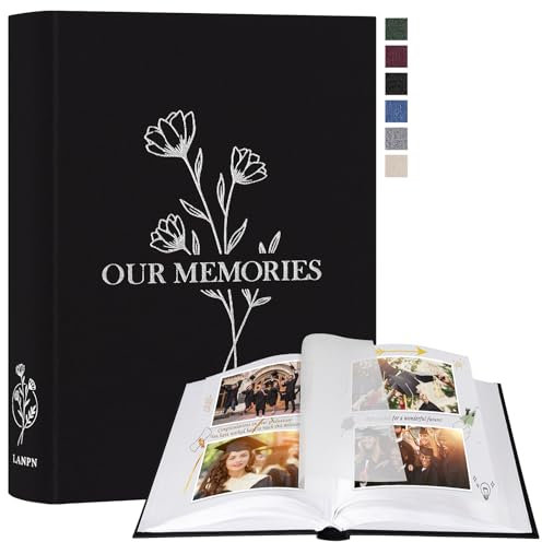 Lanpn Fotoalbum zum Selbstgestalten Einkleben, Kleines OUR MEMORIES Leinen Fotobuch 100 weißen Seiten mit Pergamin Trennblätter Fasst 9x13 10x15 13x18cm Fotos (19x27 cm, Schwarz)