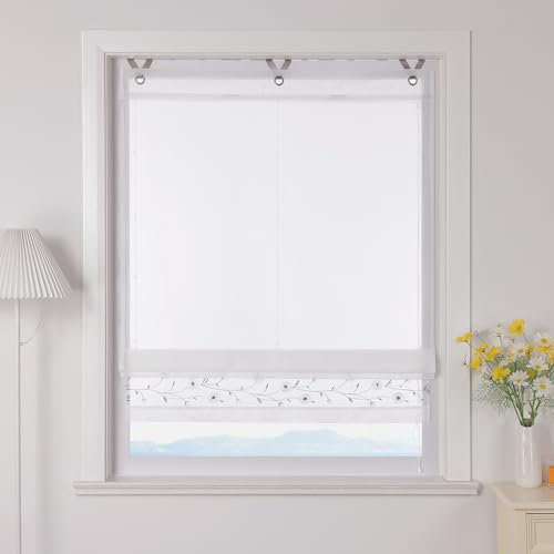 ESLIR Raffrollo Landhausstil Raffgardine ohne Bohren Weiß Gardinen Küche Transparent Bändchenrollo mit Ösen Wohnzimmer Weiß BxH 80x150cm 1 Stück
